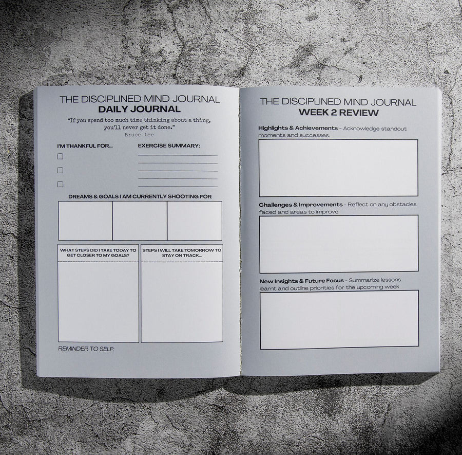 Open journal spread from The Disciplined Mind Journal